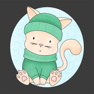 Little orange kitten drawing in green beanie and matching sweater looking sad. 